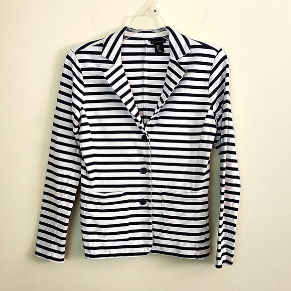 Tahari Jackets & Blazers - Tahari navy blue white stripe 3 button knit blazer coastal nautical womens small